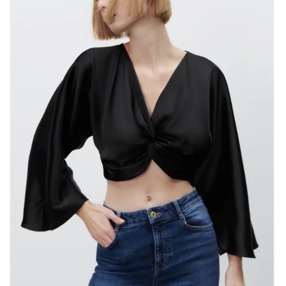 Zara Knotted Satin Effect Blouse Black